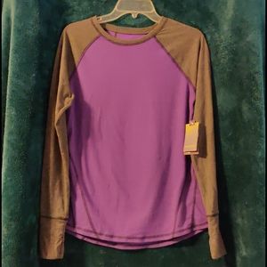 Purple and dark grey striped baseball tee